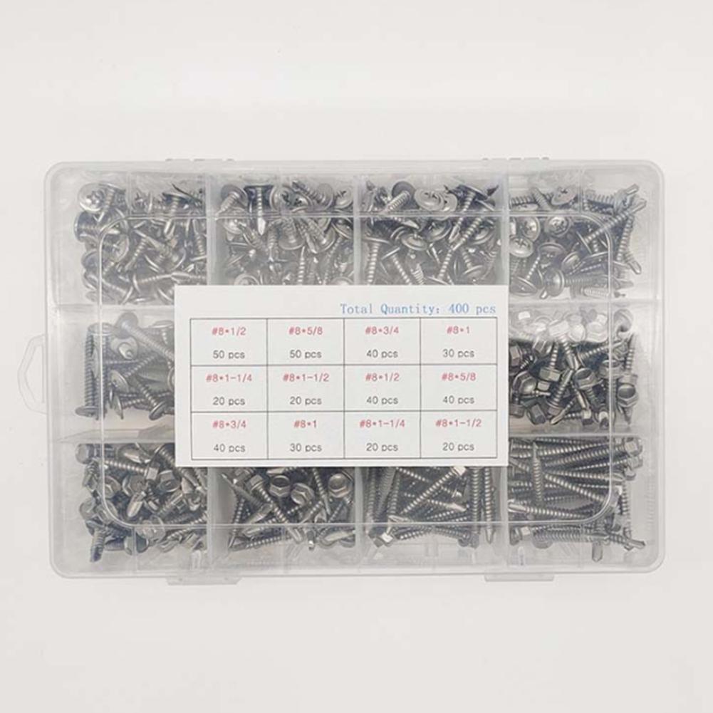 400pcs 410 Stainless-Steel Hexagonal With Round Head Cross Drilling Screws With Washer Furniture, DIY And Other Scenarios