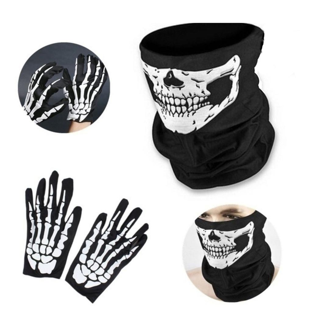 Halloween Skeleton Gloves and Skull Face Mask Set Haunted House Bar Party Character Playing Scary Scene Photo Props