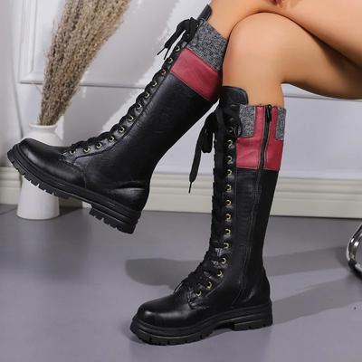 Moda Botas Western de Plataforma de Caña Alta para Mujer Otoño Invierno Nuevas Botas de Media Caña de Cuero PU Mujer Patchwork Antideslizantes Botas Largas