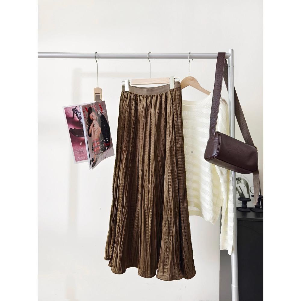 DIMANAF 2025 Autumn New Women Skirts Solid Plaid Loose Elastic Waist Pleated Elegant Long Skirts Red