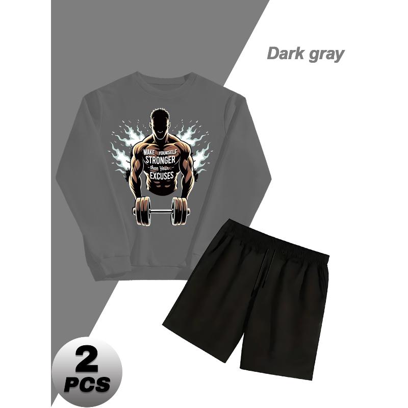 

Crew Neck Sweatshirt Polyester Set with Relaxed Fit Shorts Gym Casual Wear XXL сірий
