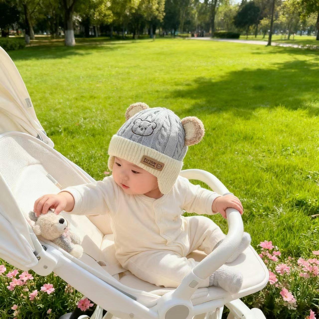 Осенне-зимняя теплая милая шапка-медвежонок с защитой ушей для мальчиков и девочек, детская шерстяная шапка, детская вязаная шапка