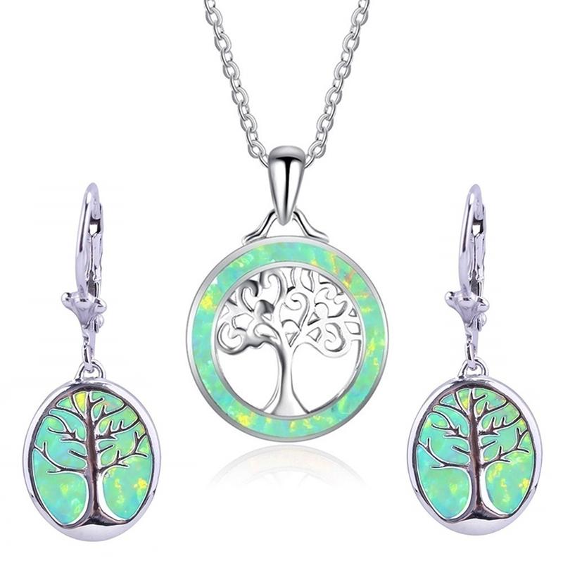 Fashion Tree of life Jewelry Set For Women Imitation Green Fire Opal Women Pendant Necklace With Earrings Wedding Jewelry Set