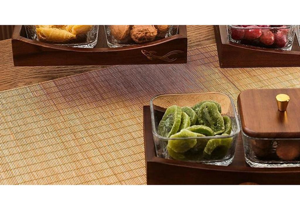 Luxury Glass Walnut Fruit & Snack Plate with Candy Compartments for Living Room Coffee Table
