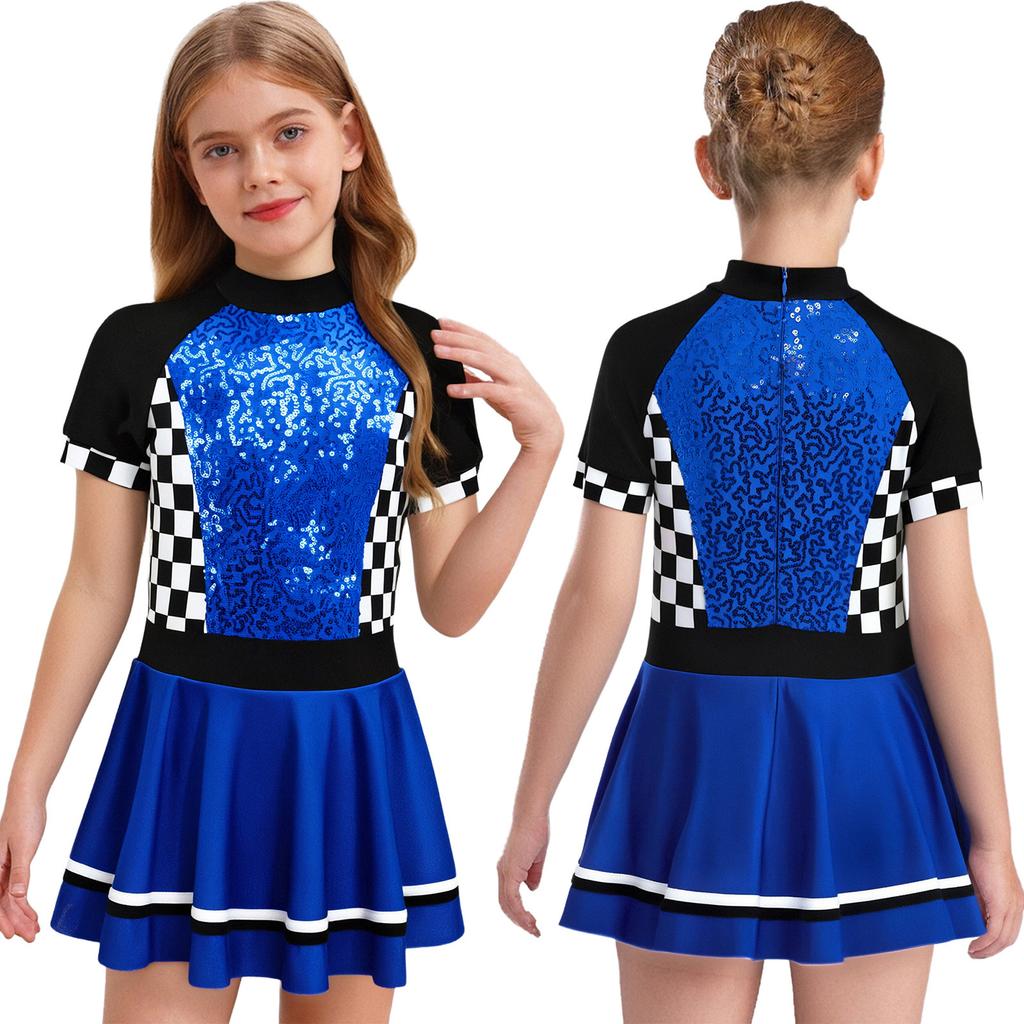 Girls Checkerboard Shiny Sequins Race Dress Mock Neck Short Sleeve Back Invisible Zipper with Built-in Briefs for Halloween Theme Party