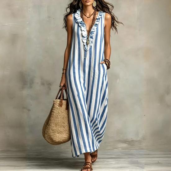 Damen Gestreiftes Baumwoll-Leinen Maxikleid Ärmellos Rüschen V-Ausschnitt Langes Kleid Boho Strand Fließendes Sommerkleid mit Taschen