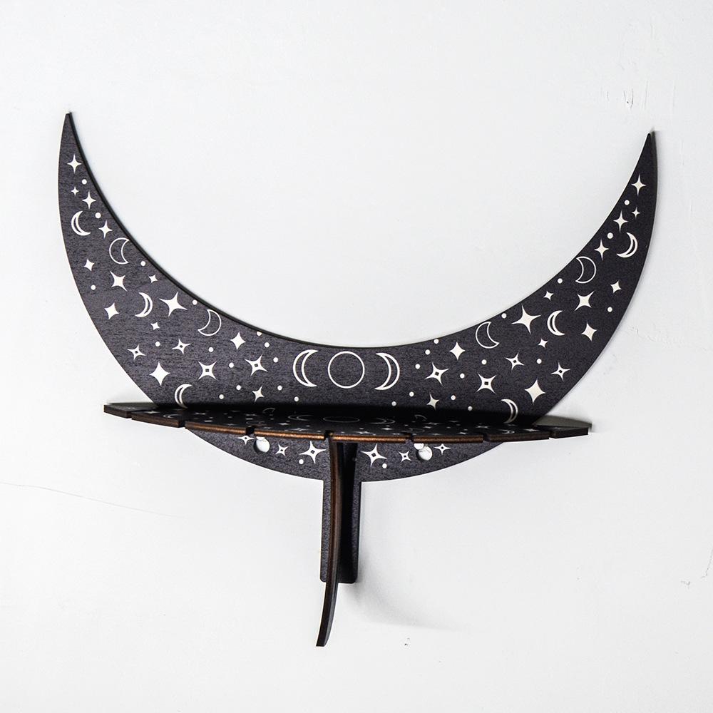 Bohemian Style Wooden Crescent Moon Wall Shelf for Crystals and Candlestick Decor