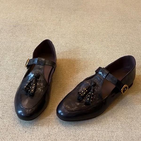 Sheepskin version~ Genuine leather literary and artistic flat bottom fringed round head rivets shallow mouth single shoes women's versatile co