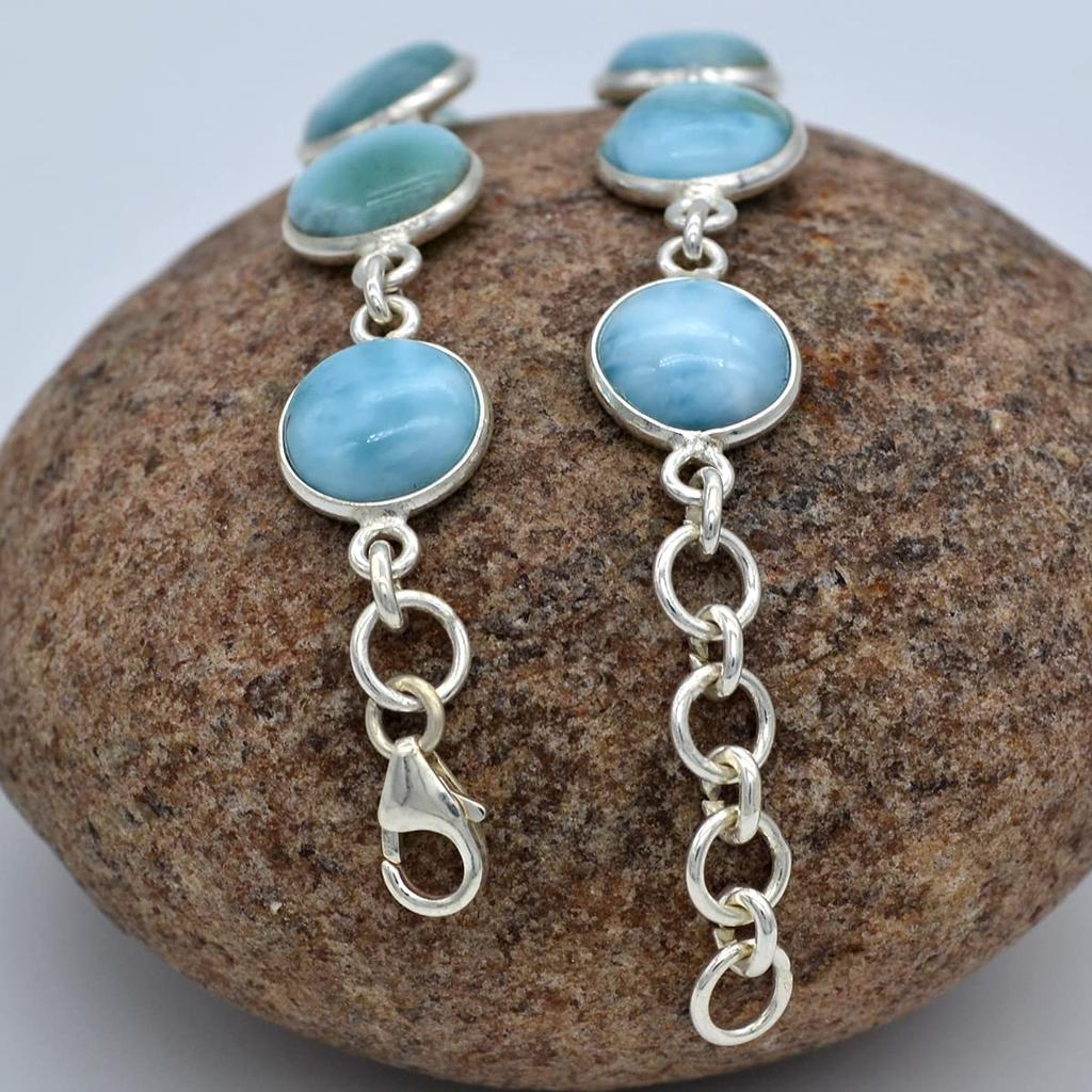 925 Sterling Silver Larimar Bracelet Sky Blue Color Round Cabochon Shape Natural Larimar Link Bracelet Gift for Women