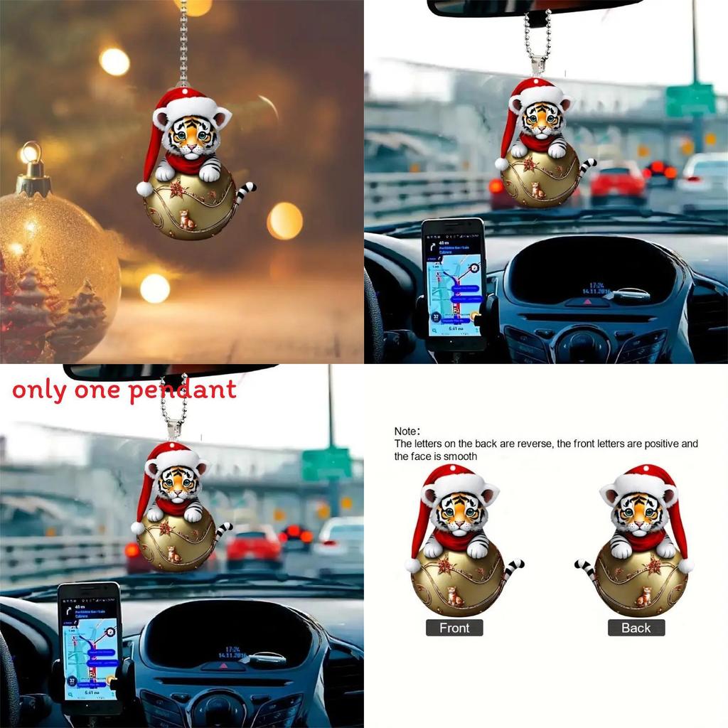 Acrylic Car Pendant With Adorable Tiger Wearing Christmas Hat Design Design For Vehicle Interior Decoration