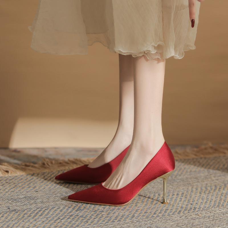 Women's Shoes Wedding High Heels Solid Color Silk Shoes Thin Heels Thin Women's Shoes Versatile Pointed Single Shoes Women's Summer