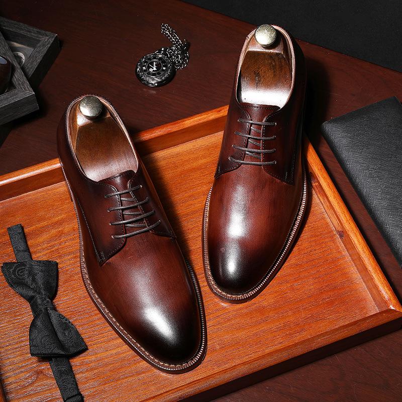 2019 Men'S Shoes Business Elegant Gentleman Shoes Lace-Up Simple Leather Shoes British Style First Layer Cowhide Dress Wedding Shoes