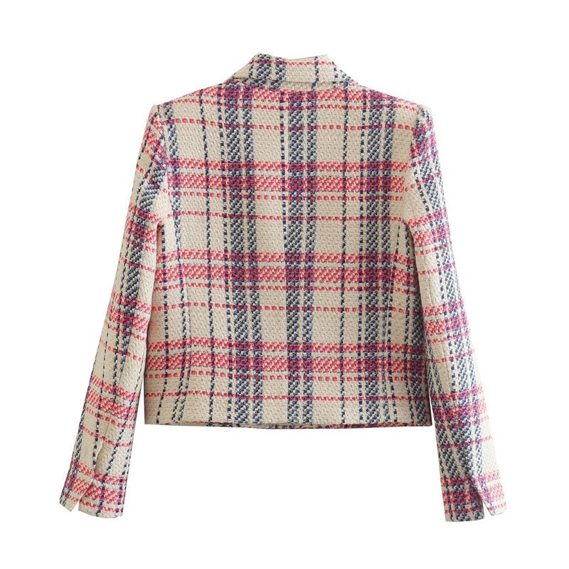 Women's Spring and Autumn Chunky Texture Double-breasted Slim Plaid Square Shoulder Blazer