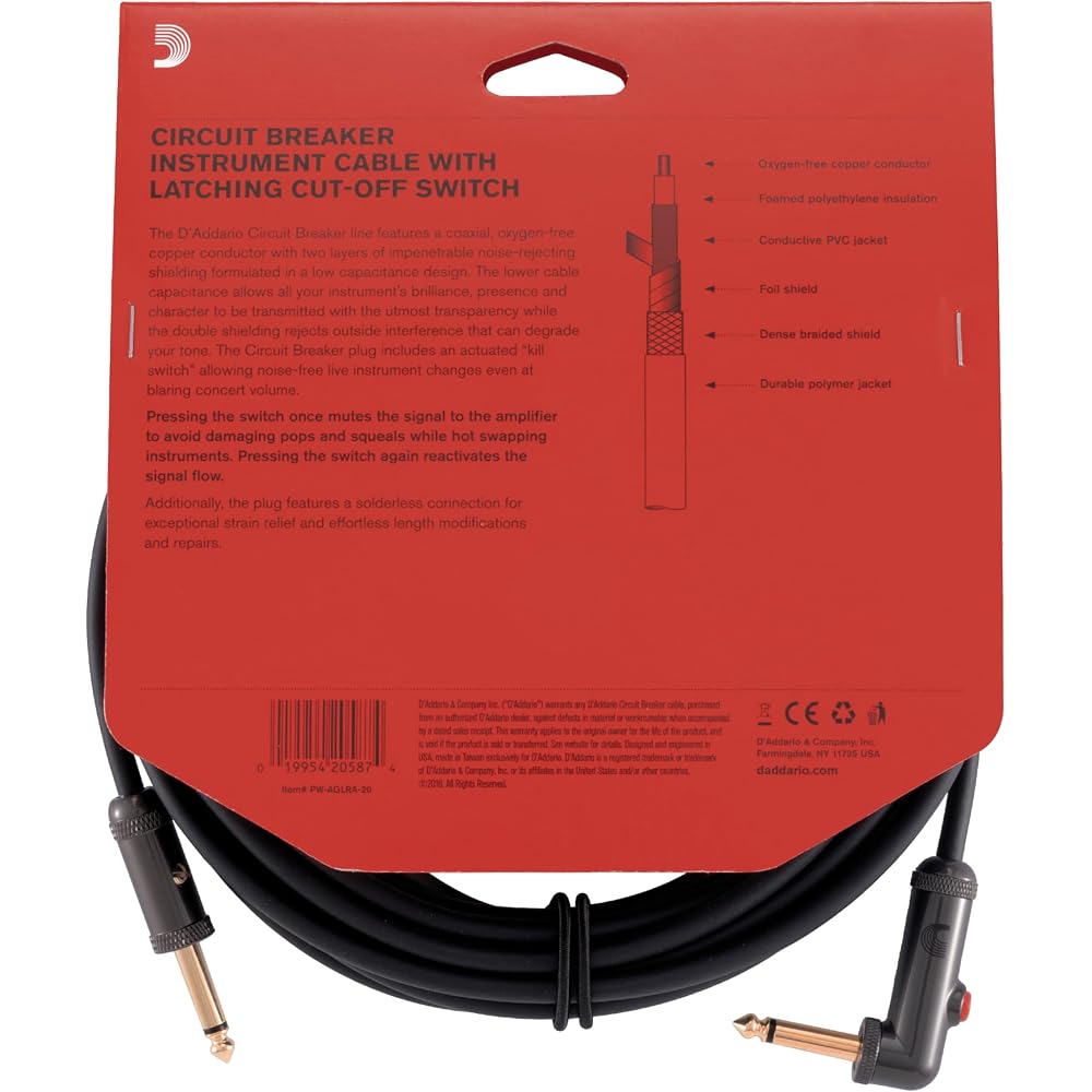 D'Addario Daddario Shield Cable (Guitar Shield) Custom Series Circuit Breaker Cable with Latching...