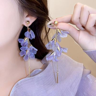 Female Niche Vacation Style Floral Flower Long Tassel Earrings