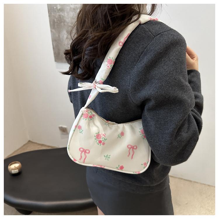 Women's Floral Print Drawstring Nylon Shoulder Bag, Sweet Style Bowknot Single Strap Handbag, Korean Fashion Casual Crossbody Purse