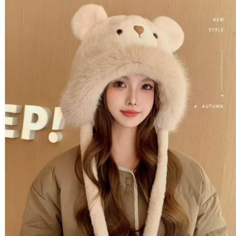 Plush bear hat women's line cartoon cute furry hat winter cold warm outdoor ear protection cold