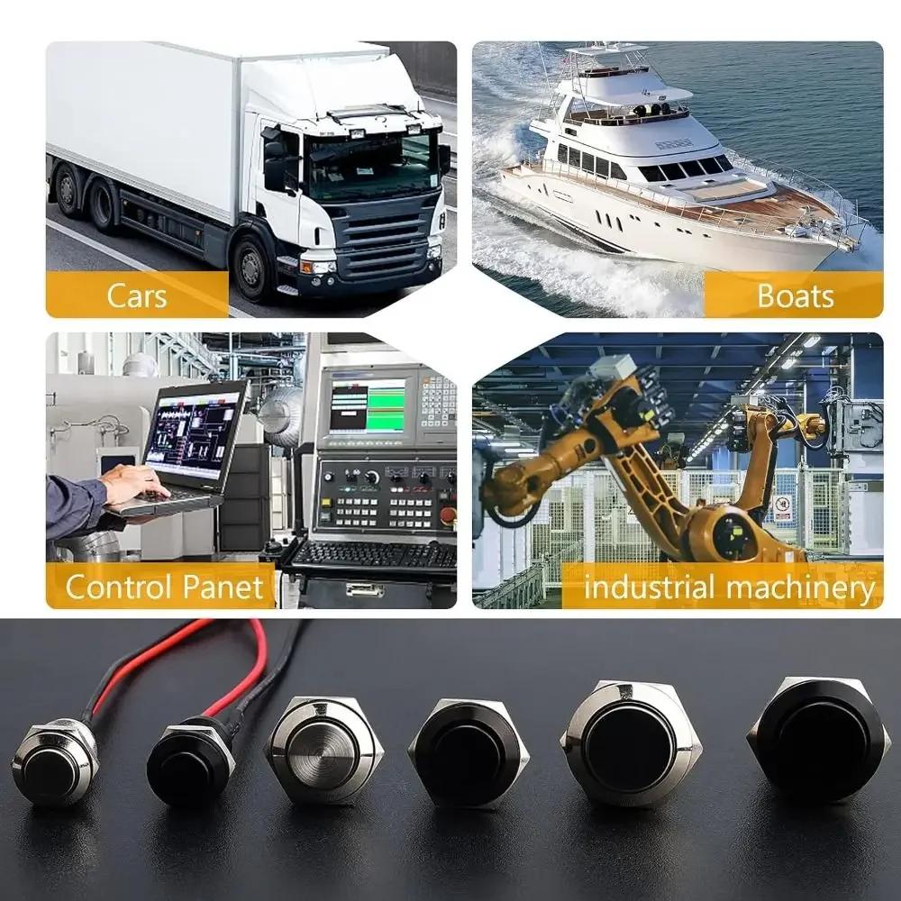 Durable 12mm Momentary Push Button Switch Black Shell with pre-Wiring Without LED Stainless Steel