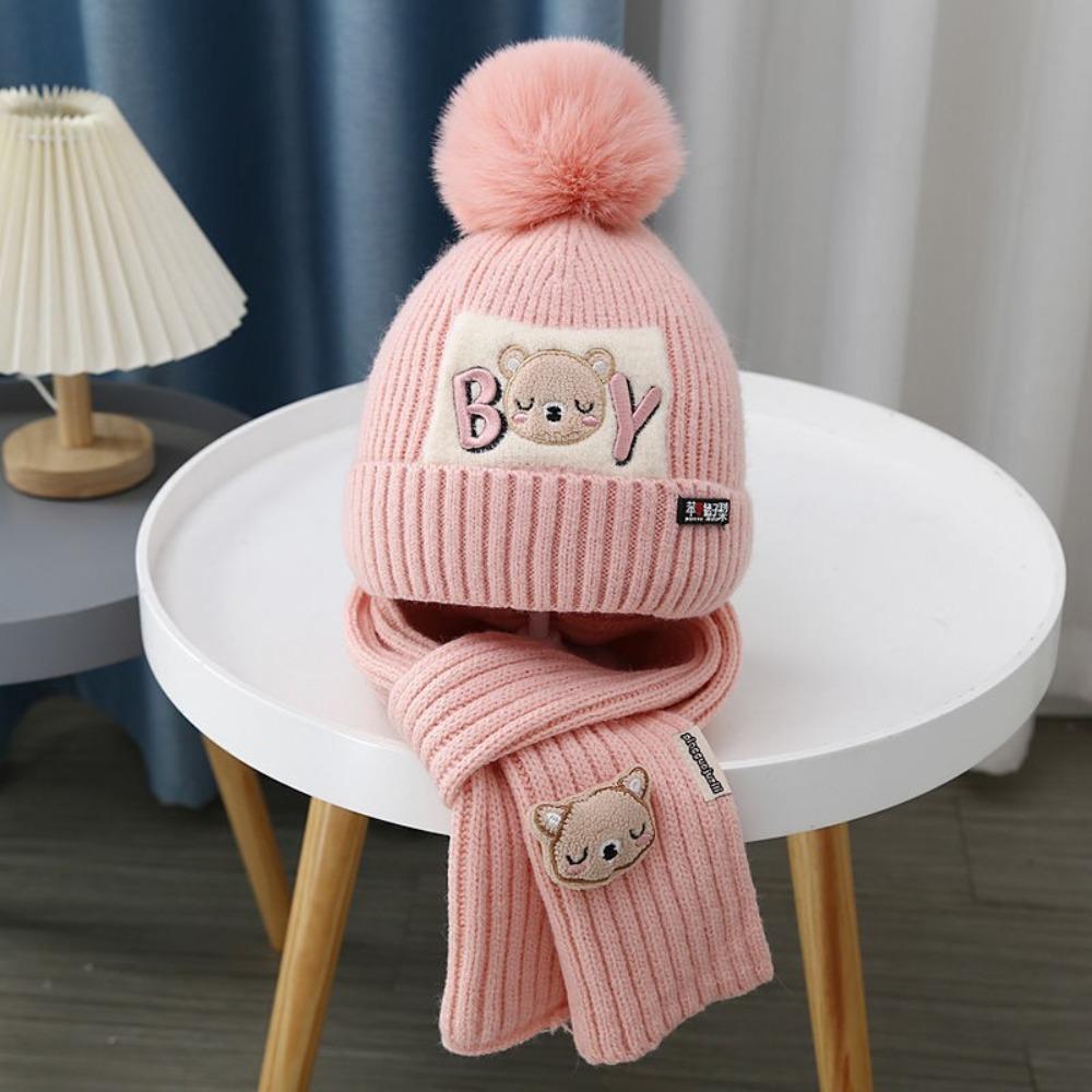 

2Pcs/Set Woolen Children Hat Scarf Set Pompom Beanie Hat Scarf for Kids Boys Girls рожевий