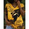 V-Neck Short Sleeve T-Shirt With Blue White Striped Print Loose Fit Casual Top Women 2025