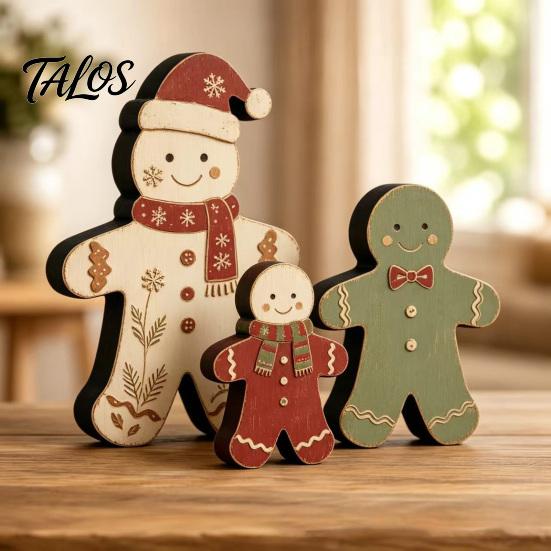 Christmas Farmhouse Mantel Accents 3Pcs/Set Wooden Ornaments, Rustic Gingerbread Man Tree Tiered Tray Style Festive Decor, Centerpieces for