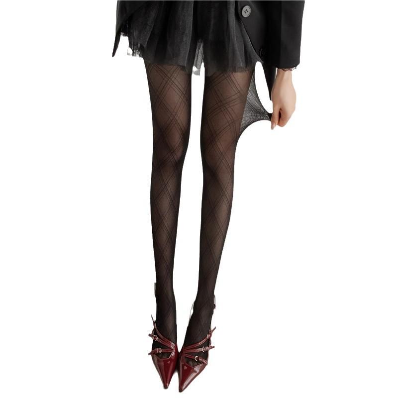 Women's Black Diamond Pattern Lattice Stockings - Spring/Autumn Thin Silk Pantyhose & Slimming Leggings