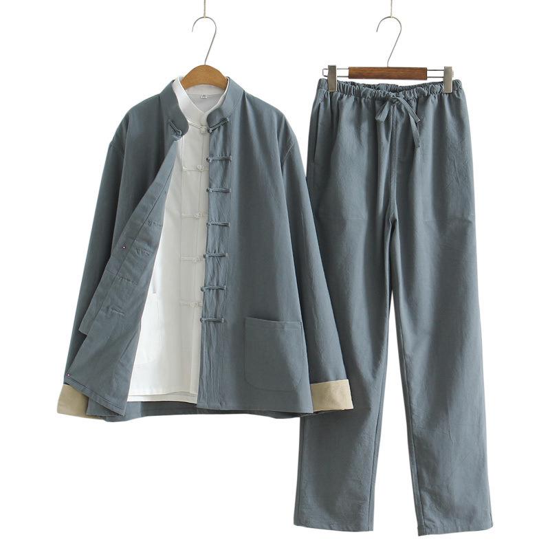 Men's Cotton Linen Three-Piece Tang Suit: Chinese Style Frog Button Hanfu, Retro Lay Buddhist Robe, Tea Attire