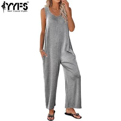 Moda donna casual estate primavera tinta unita stampa senza maniche bretelle pantaloni larghi vita tute e pagliaccetti