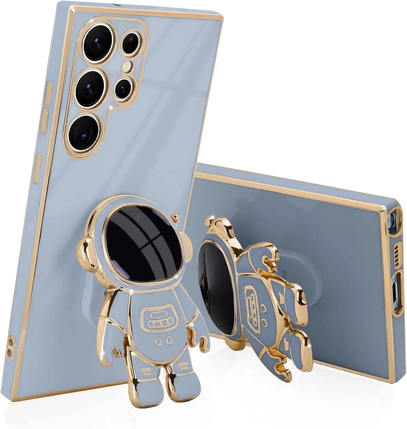 

Роскошный чехол-подставка Astronaut для Samsung Galaxy S21 S22 Plus S23 FE S24 Ultra Slim Fit, мягкий противоударный бампер с гальваническим покрытием S23 синий