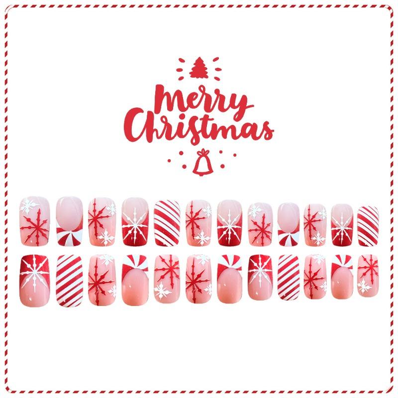 24Pcs Christmas Press On Nails Red And White Snowflake Candy Design Fake Nails