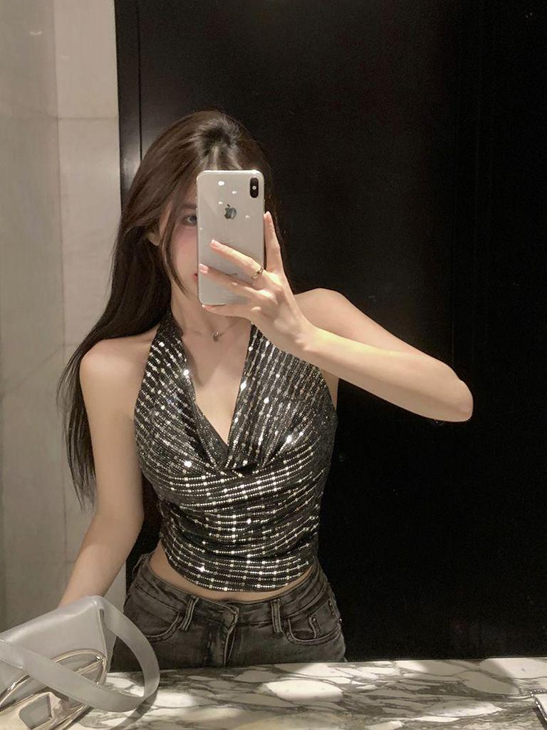 Sparkly Sequin Cowl Neck Halter Top - Backless and Sleeveless for Summer
