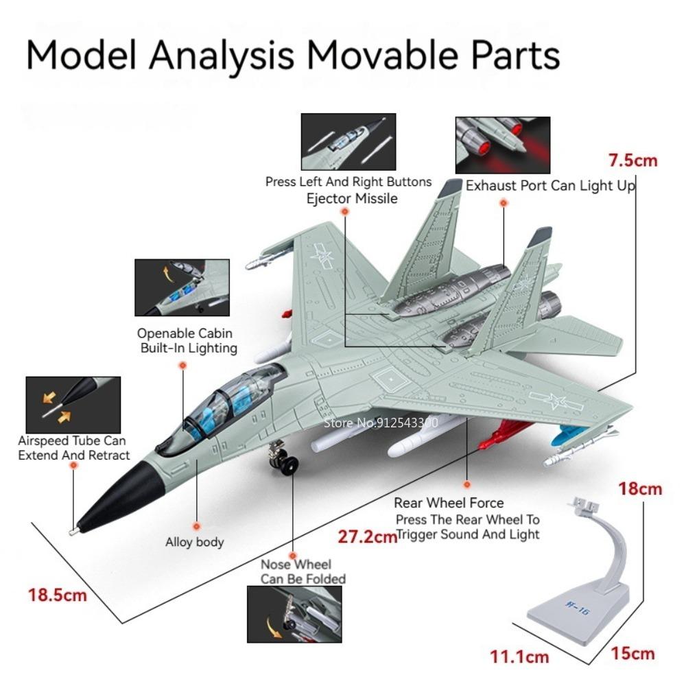 1:81 J-16 Fighter Model Toy Alloy Diecast Music Light Pull Back Launchable Missile Military Airplane Models for Boys Gifts