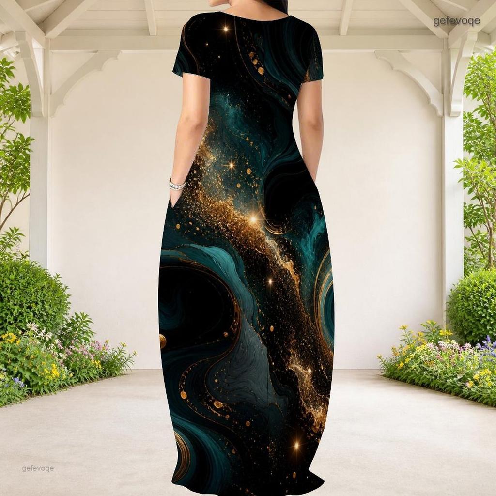 Women Plus Size Round Neck Short Sleeve Abstract Printed Loose Maxi Dress With Side Pockets