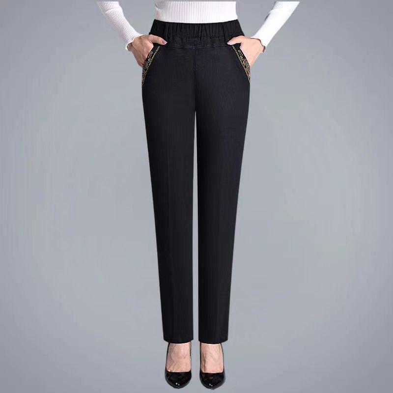 Women's Summer Straight-Leg Elastic-Waist Jeans: Stretch Slimming Trousers for Middle-Aged Moms, Loose-Fit High-Waisted