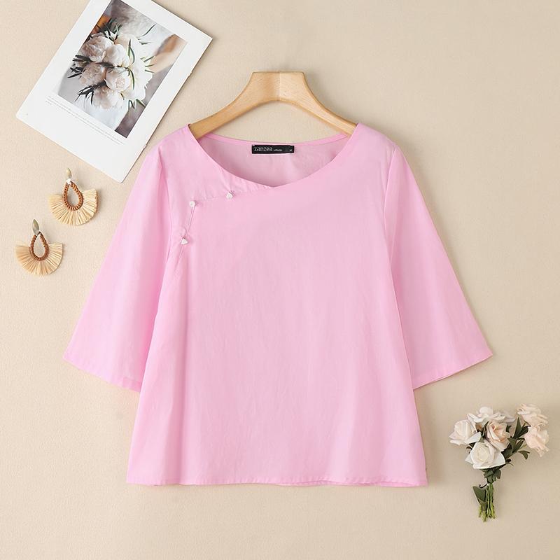 

ZANZEA Женская повседневная блузка из хлопка свободного кроя с круглым вырезом и рукавами 3/4 S розовый