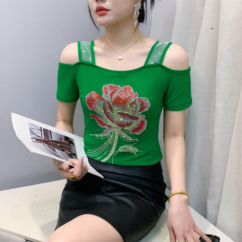 Streetwear Girl Summer Chic Clothes Mesh T-Shirts Shiny Flower Hot Diamonds Women's Tops New Sexy Off Shoulder Short Sleeve Tees