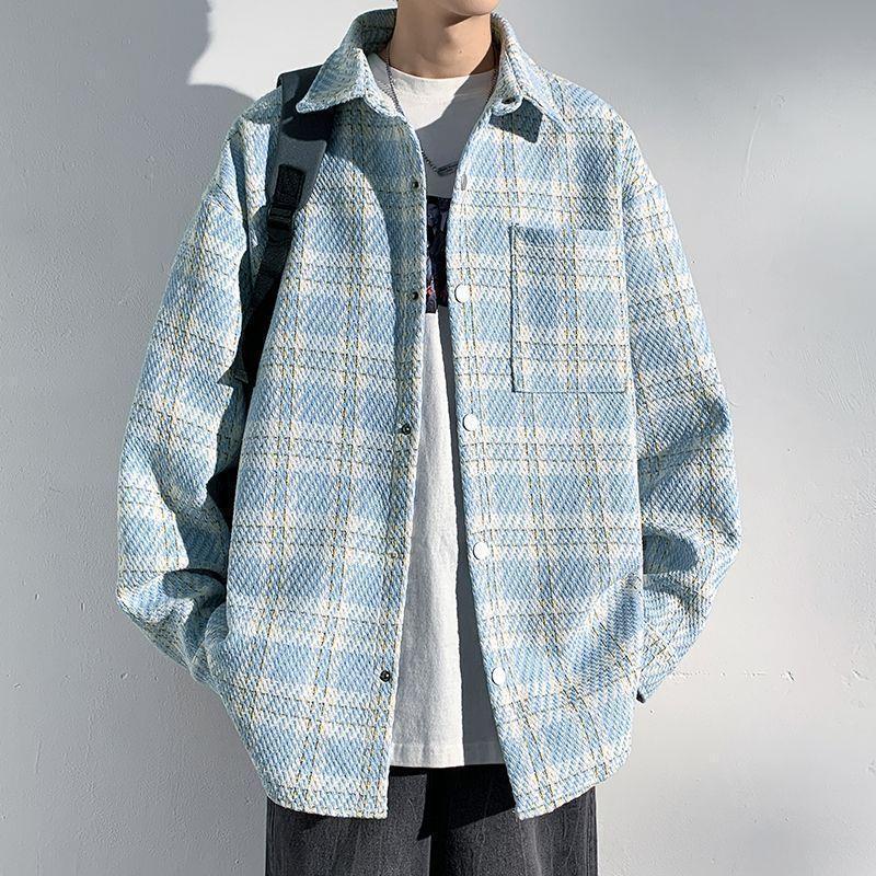 Men's Plaid French-Style Wool Coat - Autumn/Winter Trendy Lapel Loose Jacket.