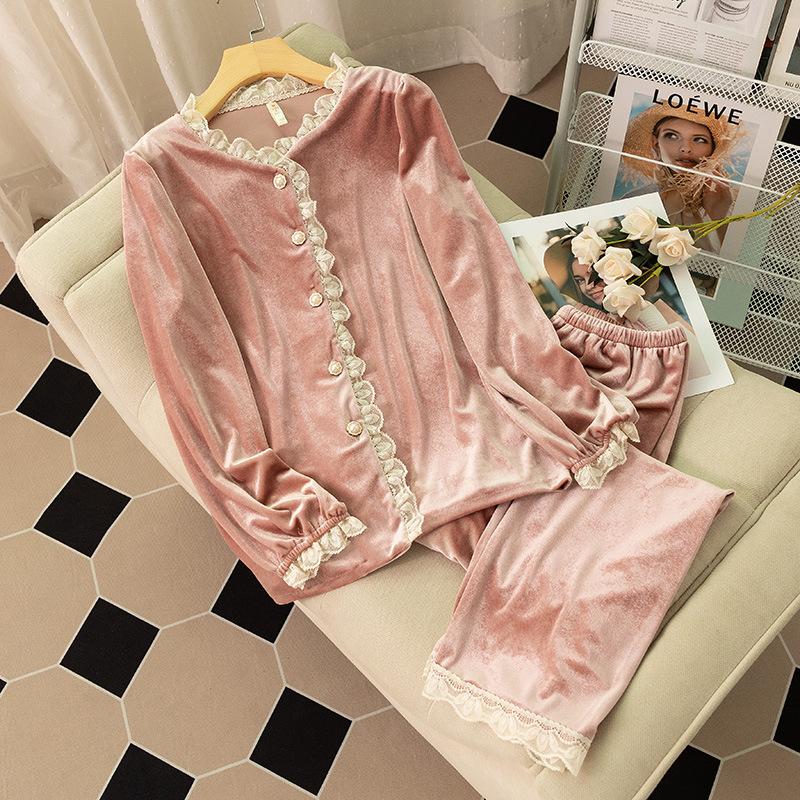 

Пижамный комплект женский бархатный с длинным рукавом кружевной милый принцесса дворцовый стиль пижамы домашняя одежда свободная повседневная ночная рубашка велюровая пижама 2XL