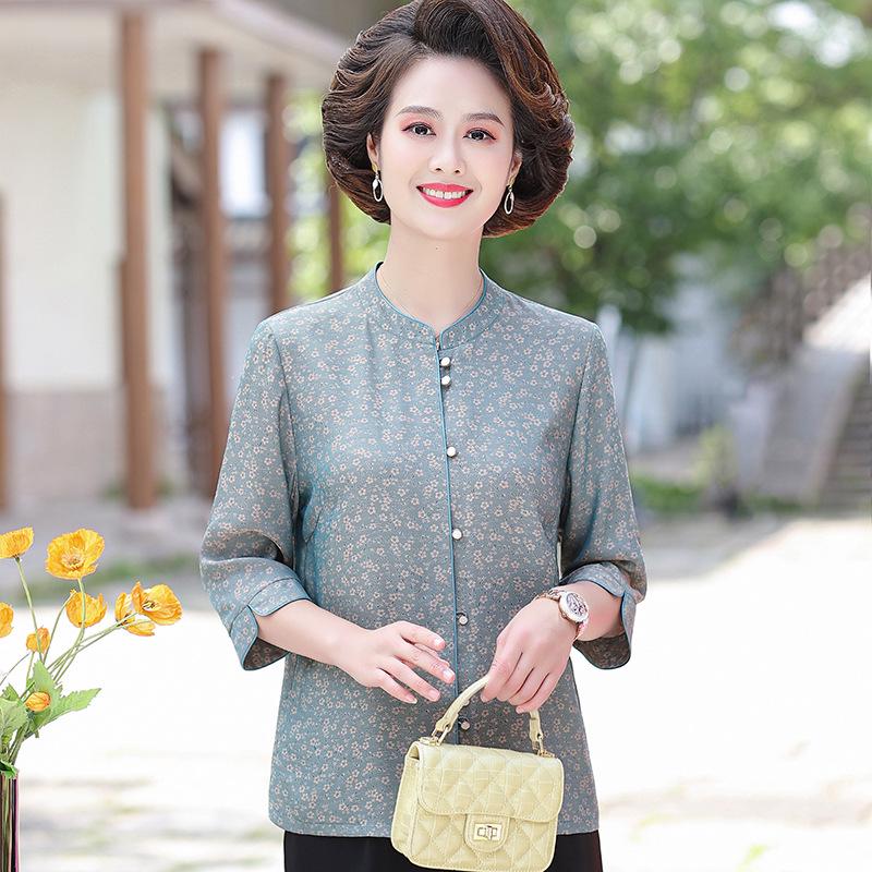Mom's Summer Silk Seven-Sleeve Shirt - Floral Design for Middle-Aged & Elderly Women