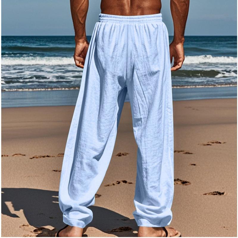 Men Thin Linen Cotton Straight Casual Long Trousers For Daily Beach Wear