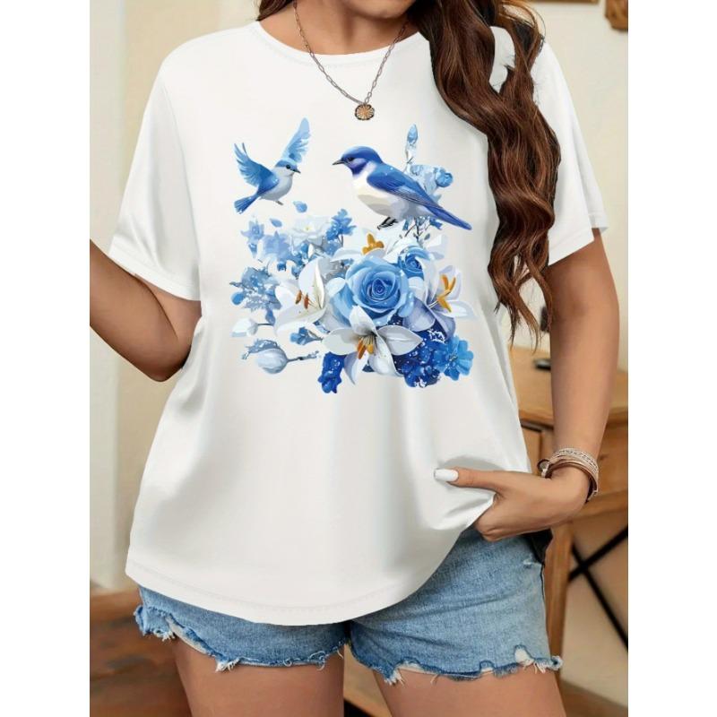 

Women s Large Size Short Sleeve T-Shirt Summer Women s Flower Front Print Large Size Short Sleeve T-Shirt Top S