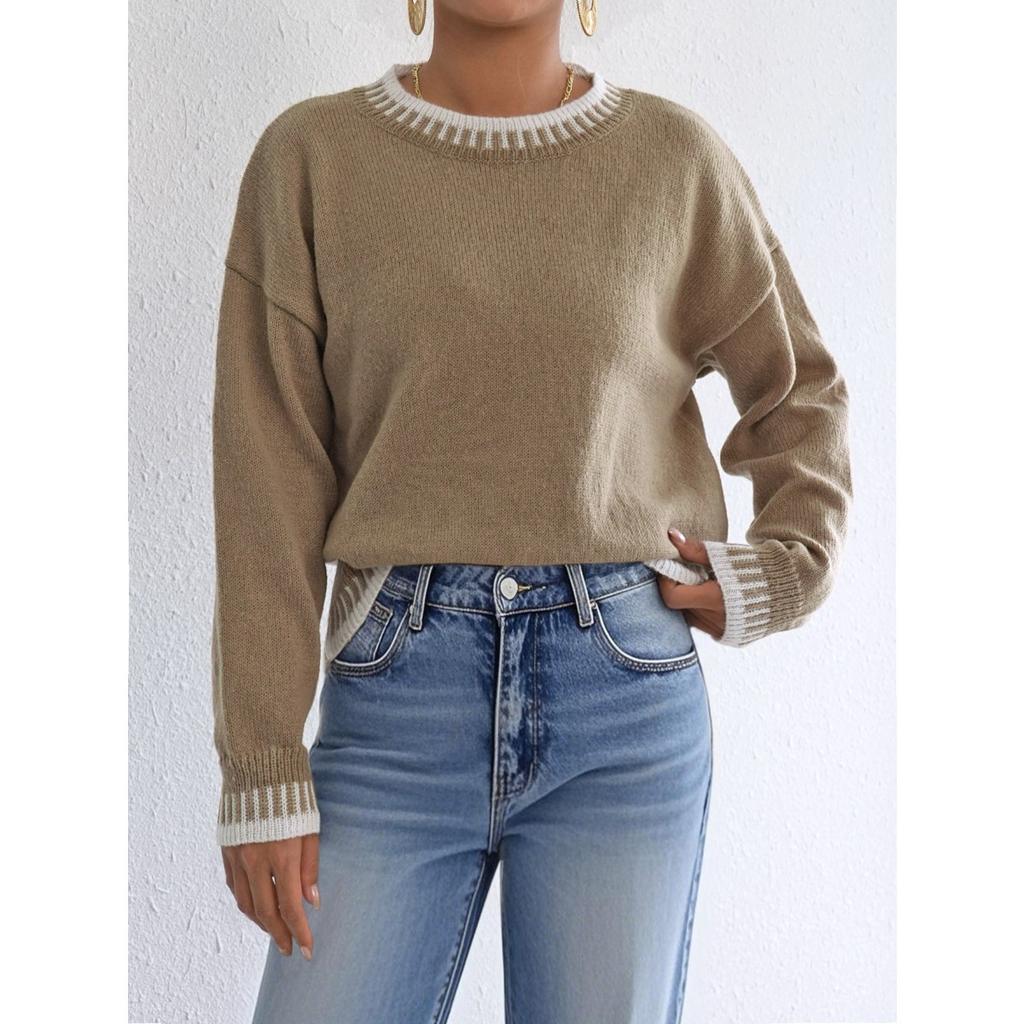 Fall Winter New Women Loose Color Block Patchwork Casual Pullover Sweater, European & American Style Ladies Top