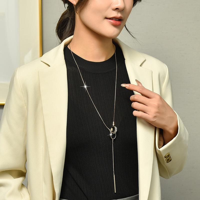 Full Diamond Double Ring Tassel Long Necklace Temperament Versatile Double Ring Sweater Chain Clothes Accessories Pendant Tide