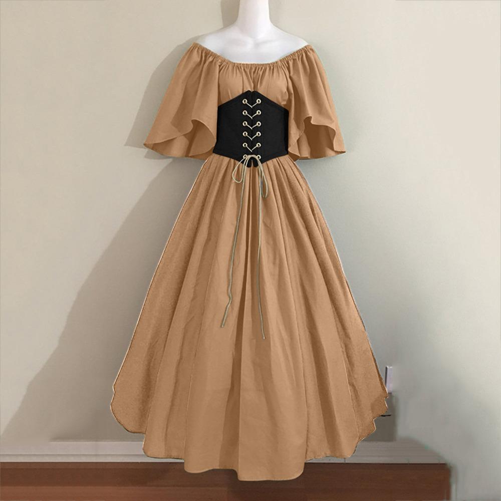 Women's Off‑Shoulder Half Sleeve Maxi Dress Loose Fit High Waist Vintage Renaissance Medieval Gown