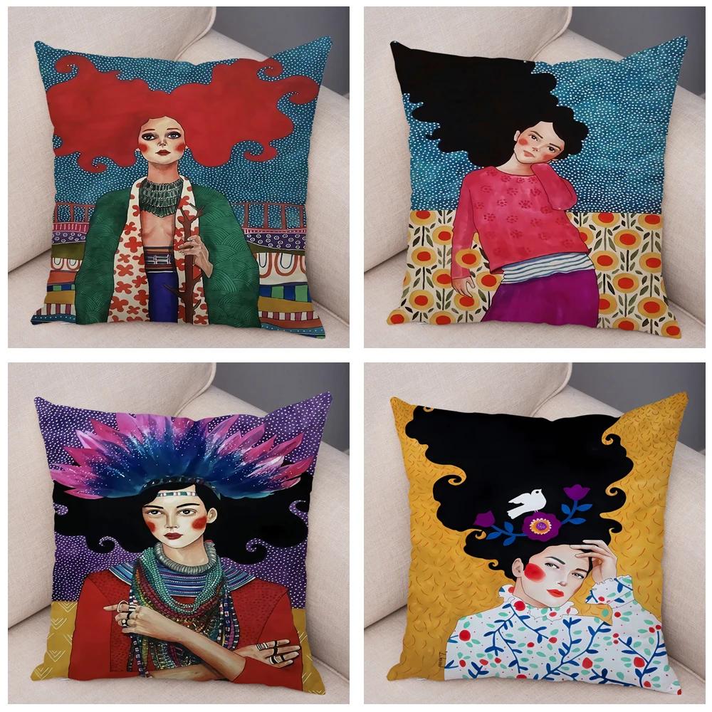 Fashion Abstract Girl Pillowcase Soft Plush Decor Cartoon Flower Lady Cushion Cover for Sofa Home Throw Pillow Case 45x45cm