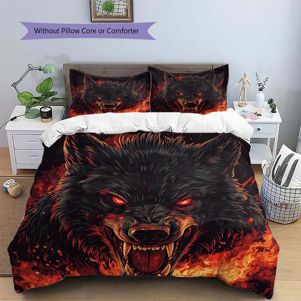 Flame Wolf Pattern Bedding Quilt Set Quilt Cover Pillowcase Home Decoration Gift (1 * duvet cover + 2 * pillowcase, without core)