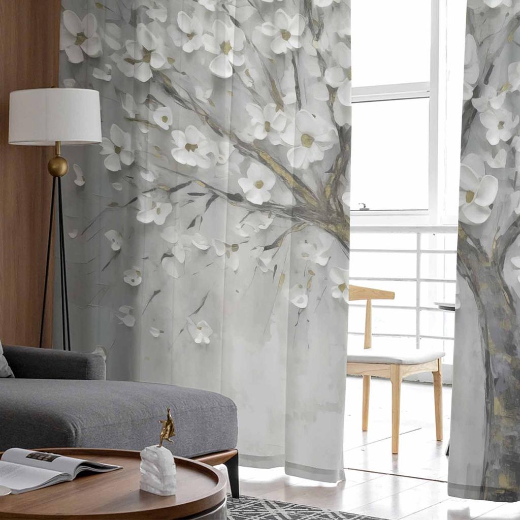 Träd Blomma Oljemålningsstil Blomma Skira Gardiner för Vardagsrum Modern Heminredning Tyllgardin Sovrum Voile Draperier