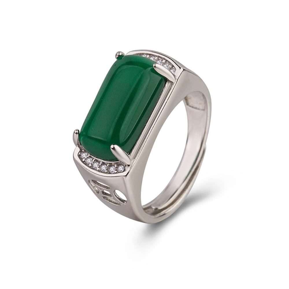 Vintage Square Green Onyx Ring for Men Emerald Green Chalcedony Diamond Ring Index Finger Ring