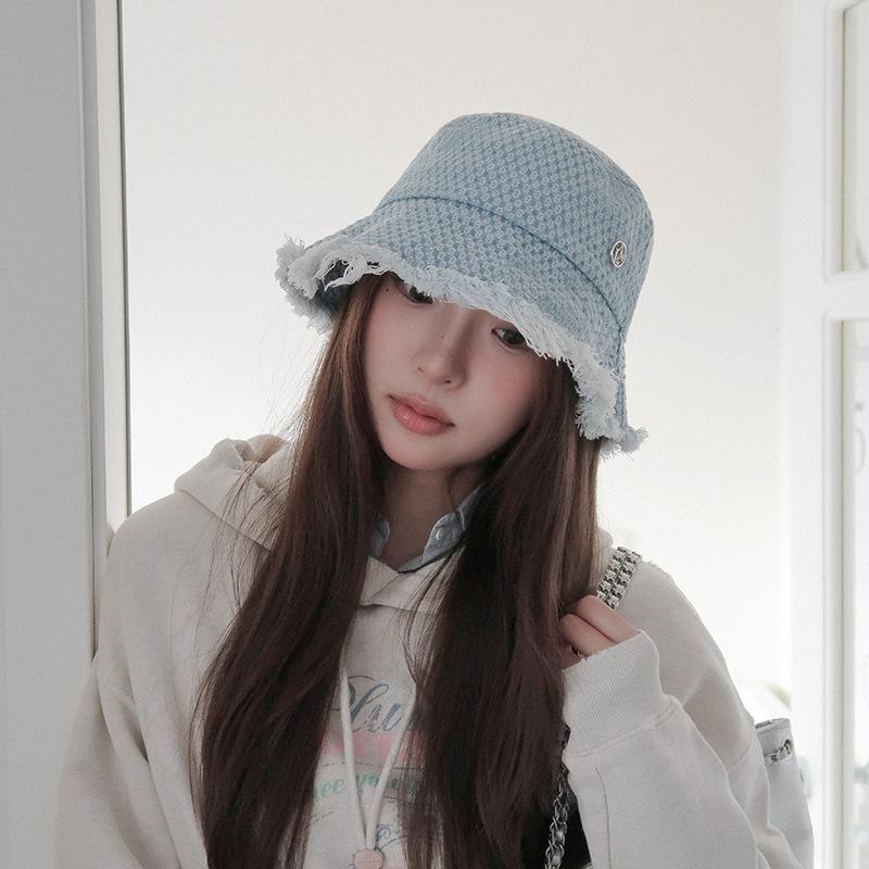25 early autumn new big eaves lattice rough edge high quality bucket hat sunshade sunscreen washbasin hat