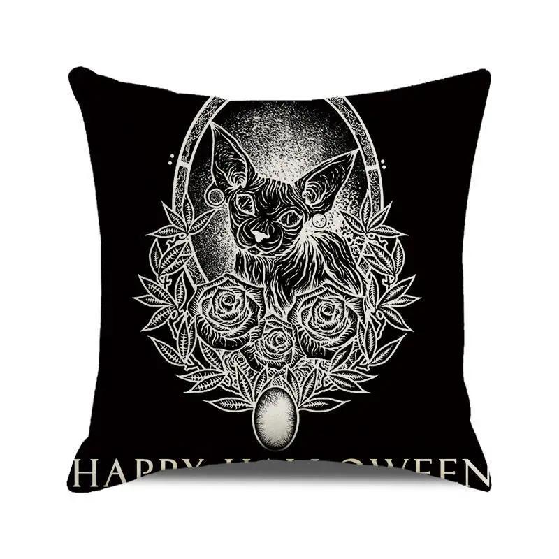 Halloween Dekorationen Kissenbezug 45x45 cm Vintage Stil Skelett Schwarze Katze Druck Kissenbezug Feiertagsdeko Zierkissenbezug
